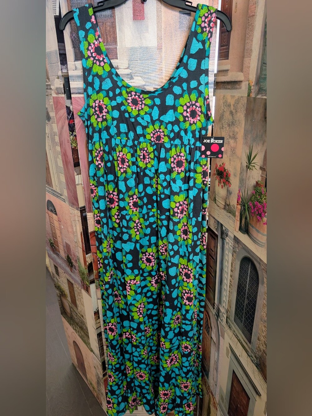 Joe Boxer Black Maxi Dress with Teal, Pink & Green Floral Print